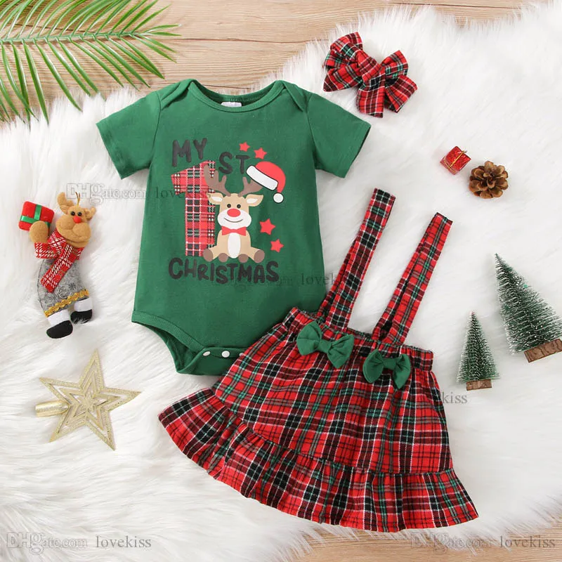 Infant Clothing Sets Girls Outfits Baby Clothes Children Autumn Winter Christmas Plaid Back Skirt Short-Sleeved Jumpsuit Three-Piece Of Childrens B9363