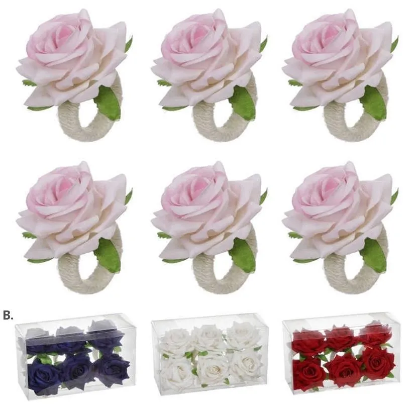 Valentine's Day Imitation Rose Napkin Buckle Rings Red Pink Blue Artificial Mini Flowers Dining Room Weddings Christmas Accessories RRA