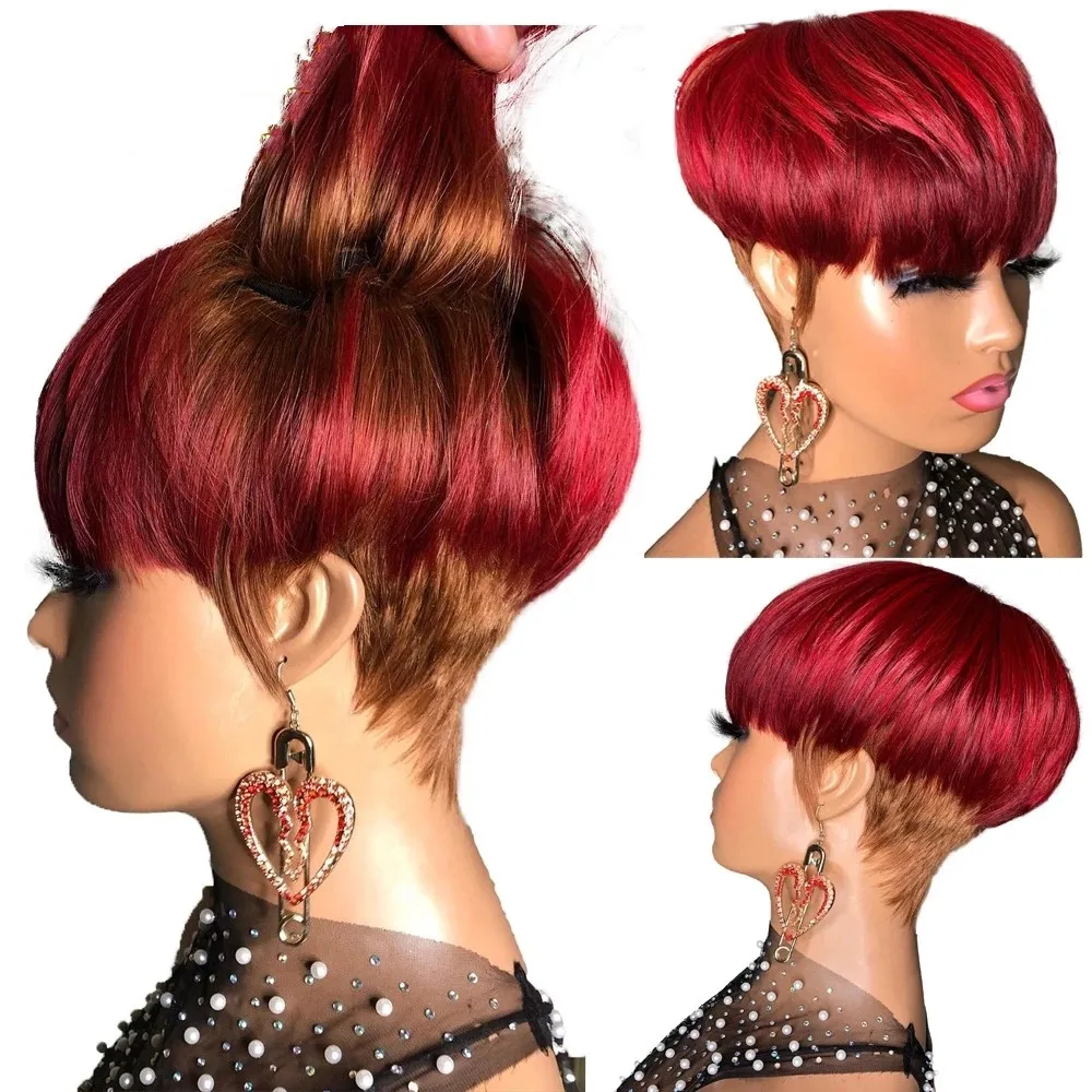 Ombre Red Color Short Bob Pixie Cut Brazilian Human Hair Wig Full Machine Made Non Lace Front Wigs With Bangs For Women