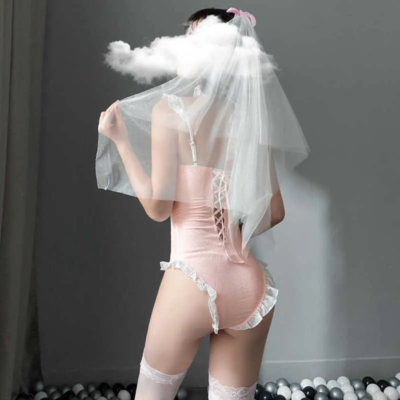 Seksowna panna młoda Cosplay kostiumy 3 sztuk Veil Collar Body Body Różowy Outfit Kawaii Dla Kobiet Koronki Porno Maid Bielizna Set 2021 Nowy 0676 Y0913