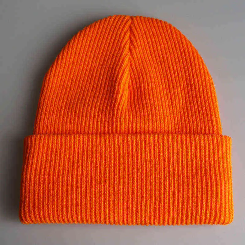 Plain Skull Cap Knit Hats Winter Warm Cuff Beanies for Men Women Orange Yellow Black Dark Green Beige Y21111