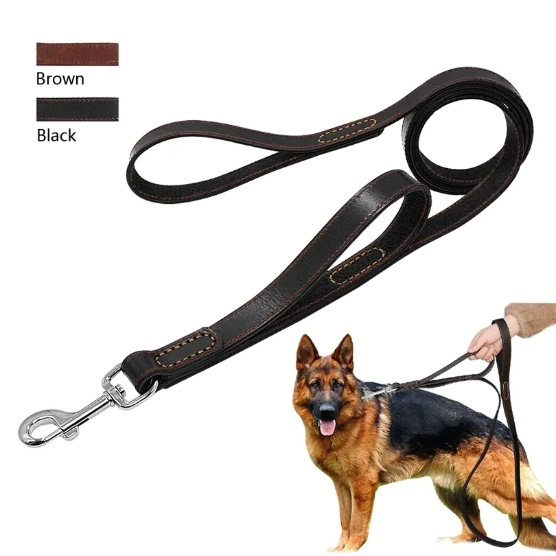 Geniune Leather Pet Dog Leash Rope Training Walking Lead Leashes för Medium Stora hundar Snabbkontroll med 2 handtag 211022