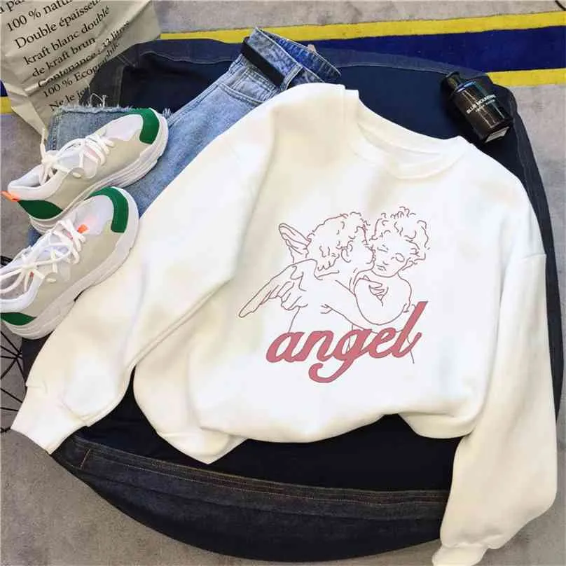 Dessin animé Imprimer Hiver Casual Femelle Mode Punk Grand Taille Amusante Loge Angel Lettre Sous à manches longues Sweat-shirt Vintage 210805