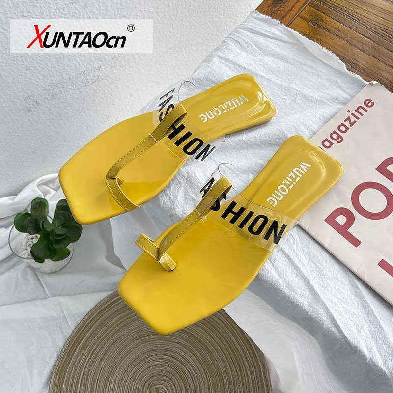 2021 Summer Ladies Barefoot Pantoufles d'extérieur Jaune Soft Bottom Tongs Femme Street Fashion Cool Chaussures plates Taille 35-40 Y220221