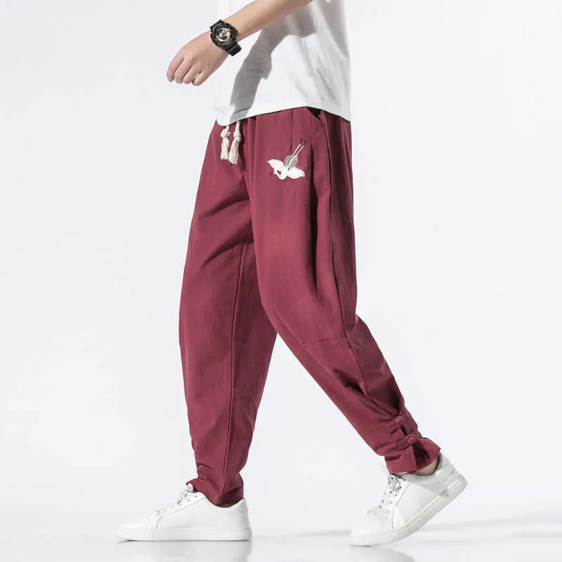 2021 Chinese Style Embroidery Casual Plus Size Male Harem Pants Buckle Turnip Pants Loose Trousers Beam Pants X0723