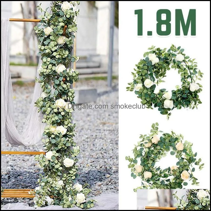 Decorative Flowers & Wreaths 1.8m Artificial Eucalyptus Rose Garland Hanging Rattan Vertical Garden Family Party Wedding Background Wall