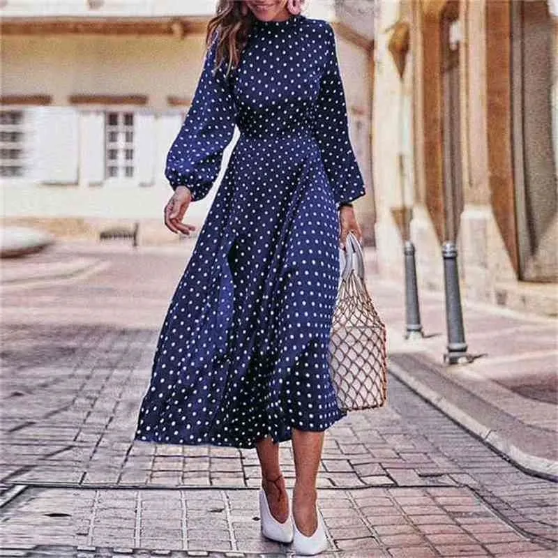 Bohemian Lantern Sleeve A-Line Dress, Women's Plus Size Polka Dot Mid-Calf Dress with Stand Collar, Long Sleeve Polyester Autumn Dress