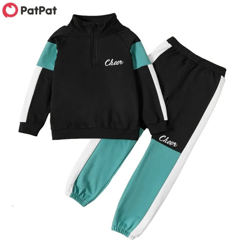 Vår och höst Kid Boy Zip Half Sweatshirt Sweatpants Set för 4-9Years Kläder Ställer 210528