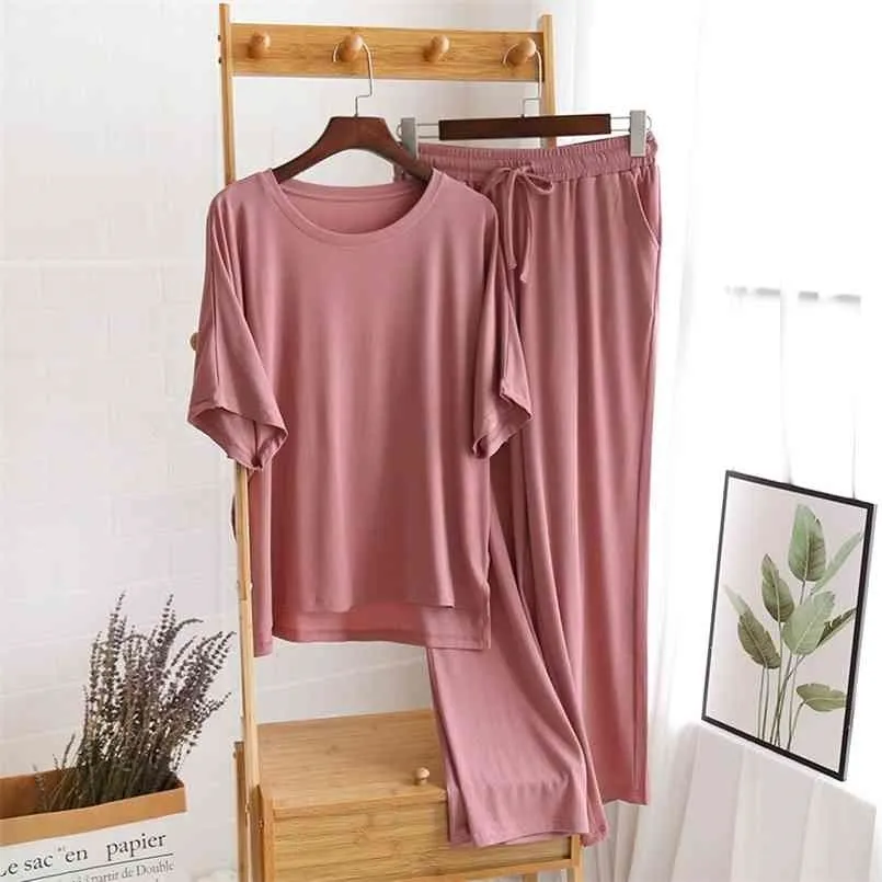 Plus Size Modal Cotton Women's Pajamas Set Loose Casual Homewear Suit 2Pcs Summer Home Clothes Ladies Short Sleeve Pyjamas 210831
