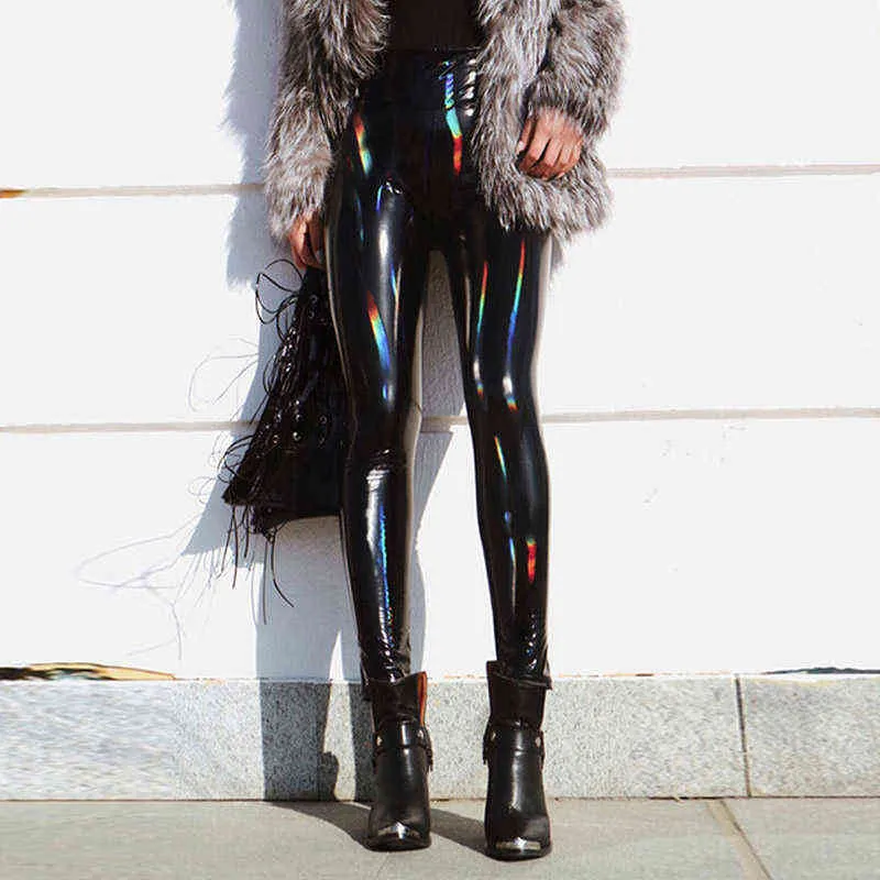 High Waist Black PU Leather Faux Patent Leather Leggings For Women