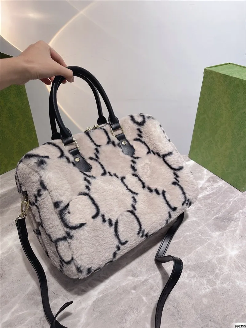 Super soft plush bag 30 22cm Pillow shape women`s Large-capacity handbag Classic Printing Black and Grey white fashion Boston258P