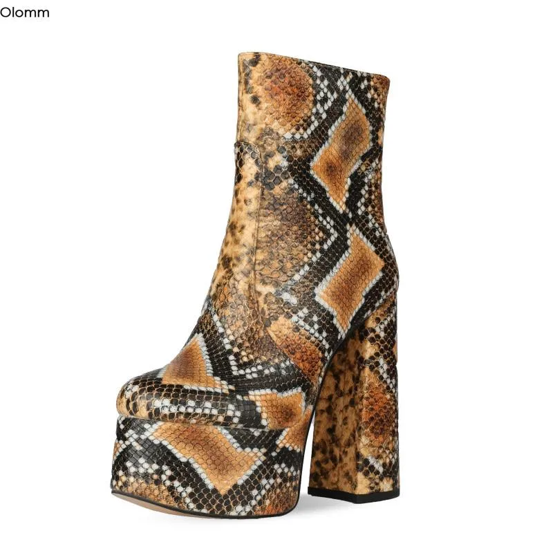 부츠 olomm 2021 수제 여성 겨울 발목 섹시한 14cm 정사각형 하이힐 둥근 발가락 갈색 파티 신발 미국 크기 5-9
