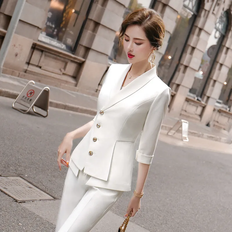 High Quality Casual Women s Suit Pants Two Piece Set summer elegant ladies white blazer jacket business attire 220315