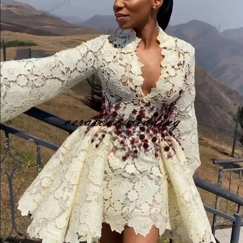 Robe de mariée en dentelle arabe Aso Ebi une ligne col en v manches longues robes de mariée courtes taille personnalisée robe de mariée pour les femmes