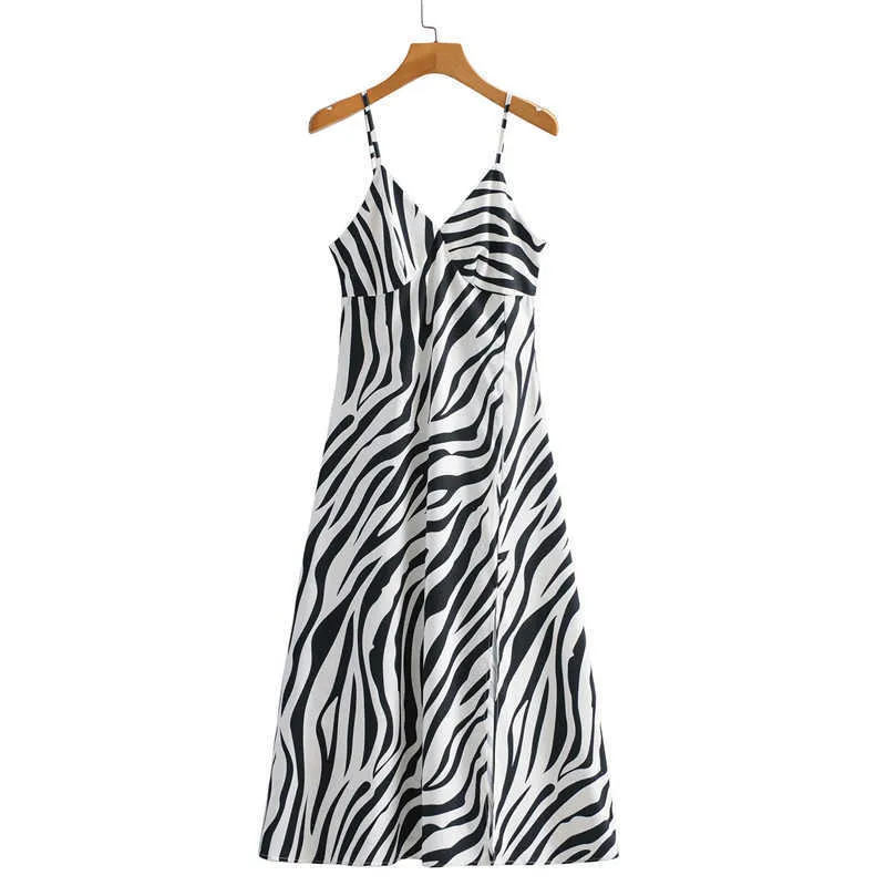 Vintage Zebra Striped Print Loose Fit Midi Dress with Backless and Shoulder Strap for Women - H.SA Vestido 210716