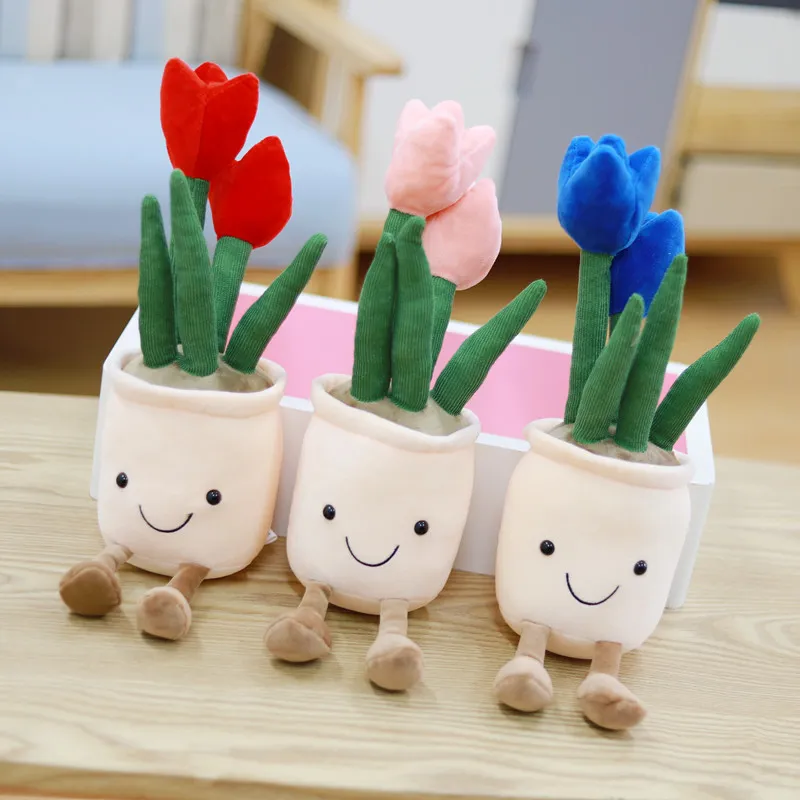 Home Furnishing Decoration Living Room Creative Simulation Smiling Face Fleshy Plush Toy Tulip Bouquet Green Plant adornment Grab Machine Ragdoll