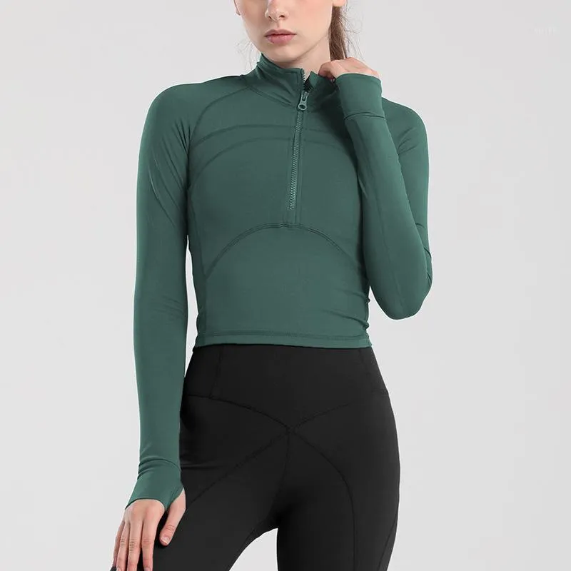 Tenue de Yoga femmes veste de Sport à manches longues haut court fermeture éclair chemise Fitness entraînement vêtements de Sport femme Sport course manteaux 2021