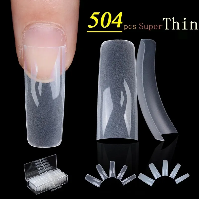 504PC / Case 0.1mm Super Tunn Half Cover False Nail Super Mjuk Clear Franska Akryl Tips 10 Storlekar Transparent Naturfärg Fingernail Konst Tryck på förlängning