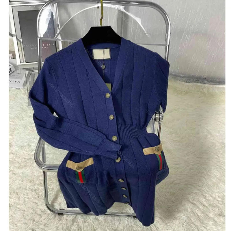 21ss 패션 스웨터 드레스 미디 여성 양모 니트 드레스 저녁 착용 캐주얼 니트 카디건 CCIGGU 브랜드 V 넥 접이식 허리 슬리밍 저렴한 디자이너 의류 DD1
