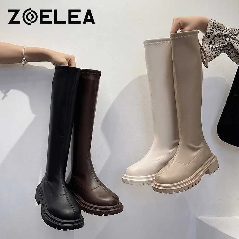 Slim plana coxa alta botas plataforma de plataforma mulheres slim sola sola joelho-alto botas mulheres sapatos preto inverno longa motocicleta botas mulheres y0914