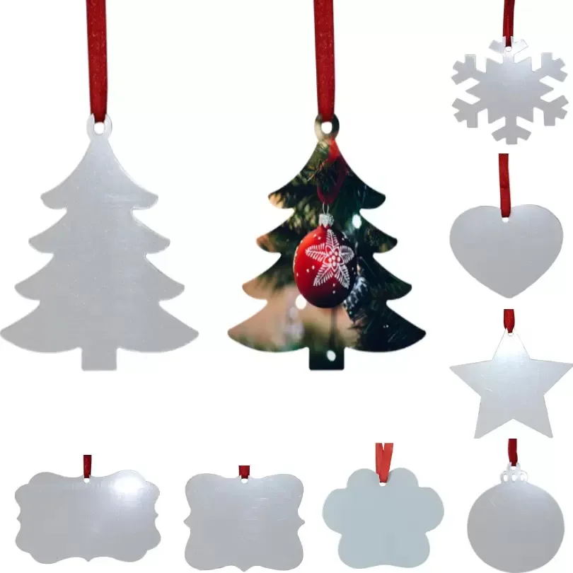 Sublimacja Puste Christmas Ornament Dwustronne Xmas Drzewo Wisiorek Multi Kształt Płyta aluminiowa Metal Wiszący Tag Wakacje Dekoracji Craft W-00956