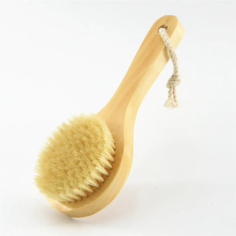 Dry Bath Body Brush Back Scrubber Anti-slip Short Wooden Handle Natural Bristles Shower Exfoliating Massager DH8611