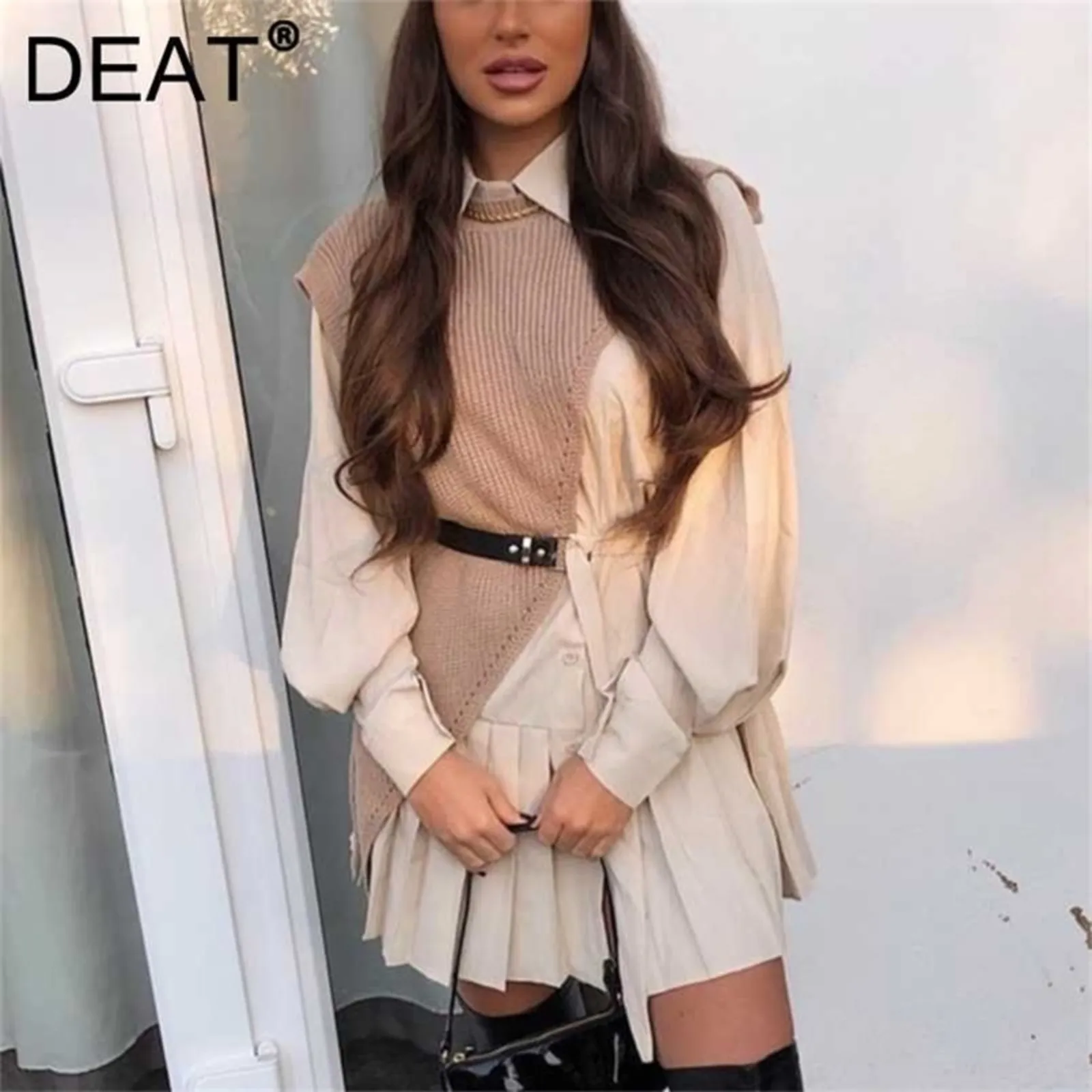 Deat Autumn Two Piece Set Outfits For Women Streetwear Pleated Short Mini Dress Oregelbundet Sticked Vest Fashion MK902 220210