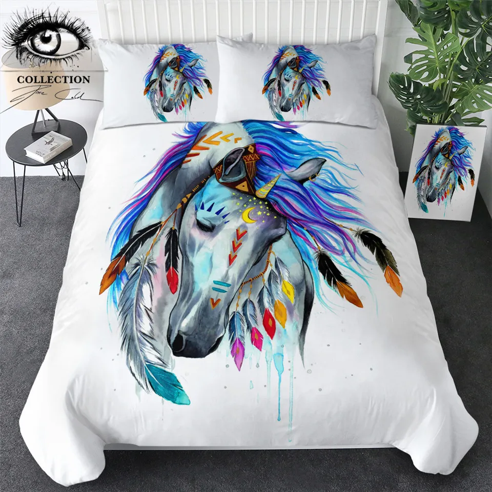 Pferd by Pixie Cold Art Bedding Set Tribal Horse Copripiumino Animali colorati Biancheria da letto acquerello Boho 3 pezzi Tessili per la casa 210309