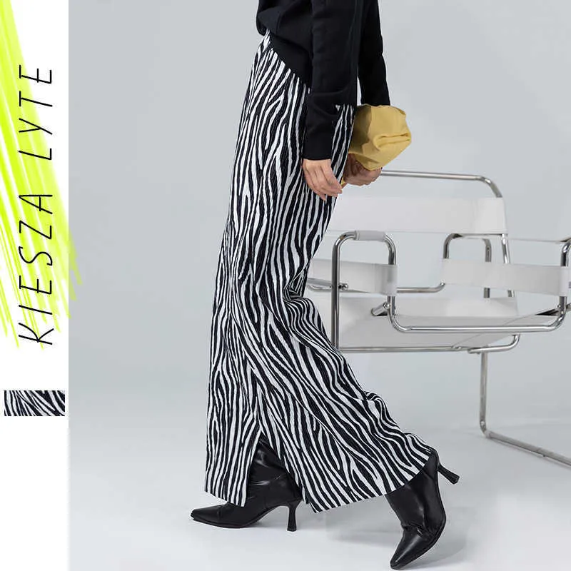 Mulheres Zebra Striped Imprimir Padrão Pano de Lédea Pants Animal Solta Split Casual Feminino Moda Calças Streetwear 210608