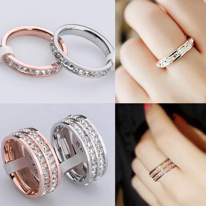 Quality Pave Settings Shiny Square Row CZ Diamond Band Rings Size 5/6/7/8/910 Titanium Steel Rose Gold Plated Ring for Women Finger