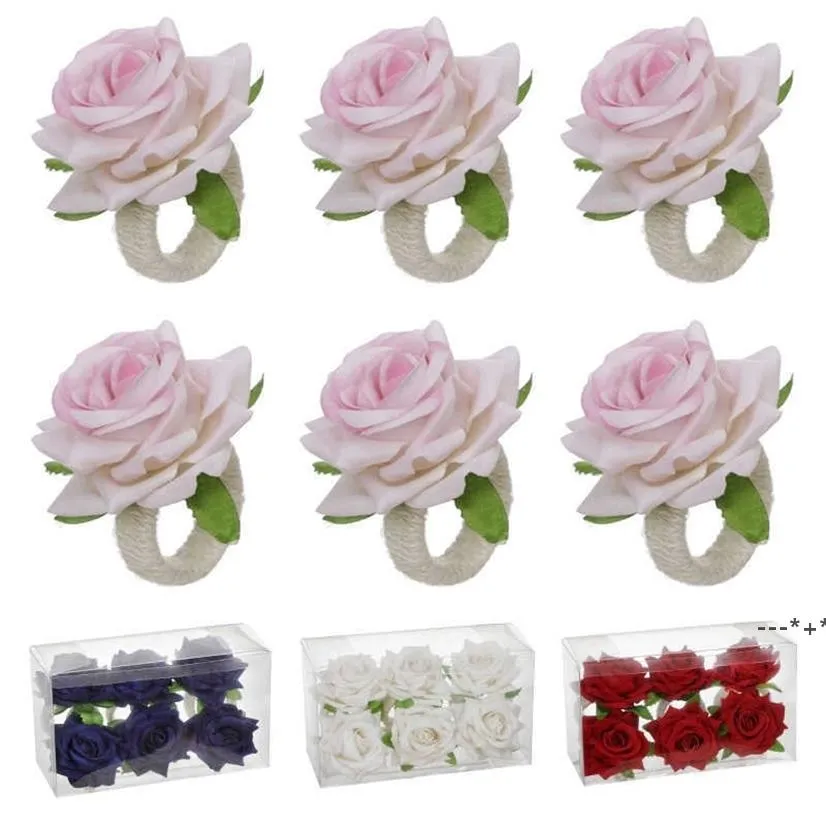 Nieuwe Valentijnsdag Imitatie Rose Servet Buckle Ringen Rood Roze Blauw Kunstmatige Mini Bloemen Eetkamer Bruiloften Kerst Accessoires