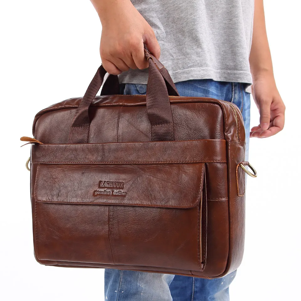 Borsa a tracolla da viaggio d'affari casual con valigetta per laptop grande in vera pelle da uomo