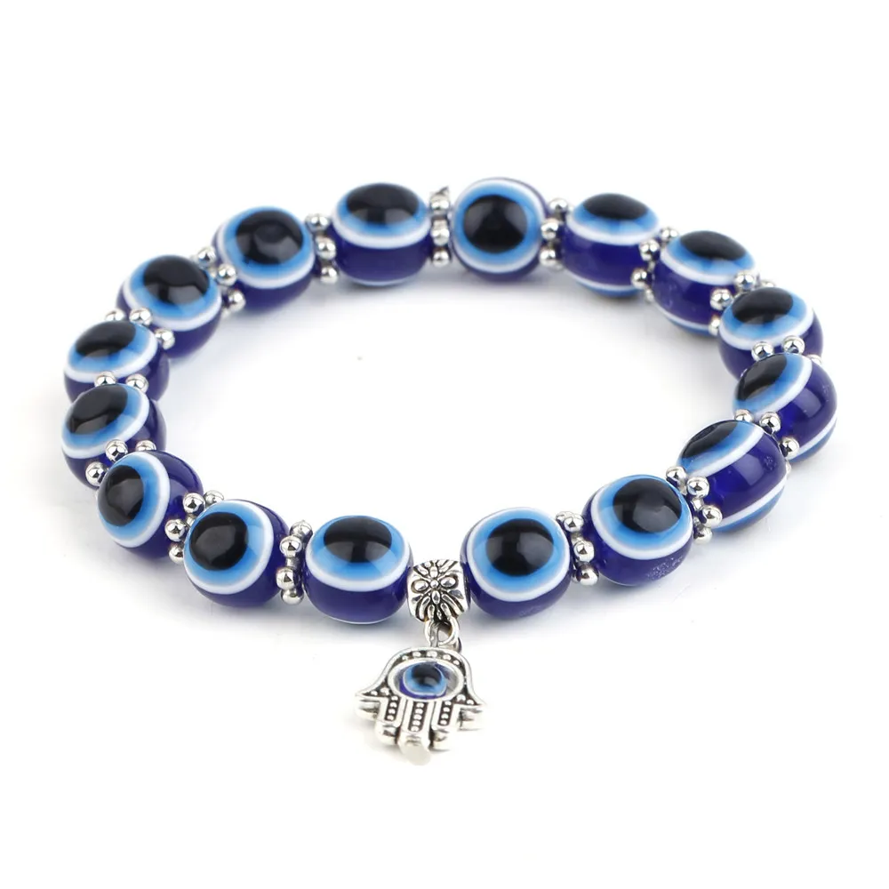 Evil Eye Hamsa Blue Beaded Charm Stretch Strands Bracelet Main de Fatima Turc Lucky Blue Eyes Bracelets pour la protection et la bénédiction