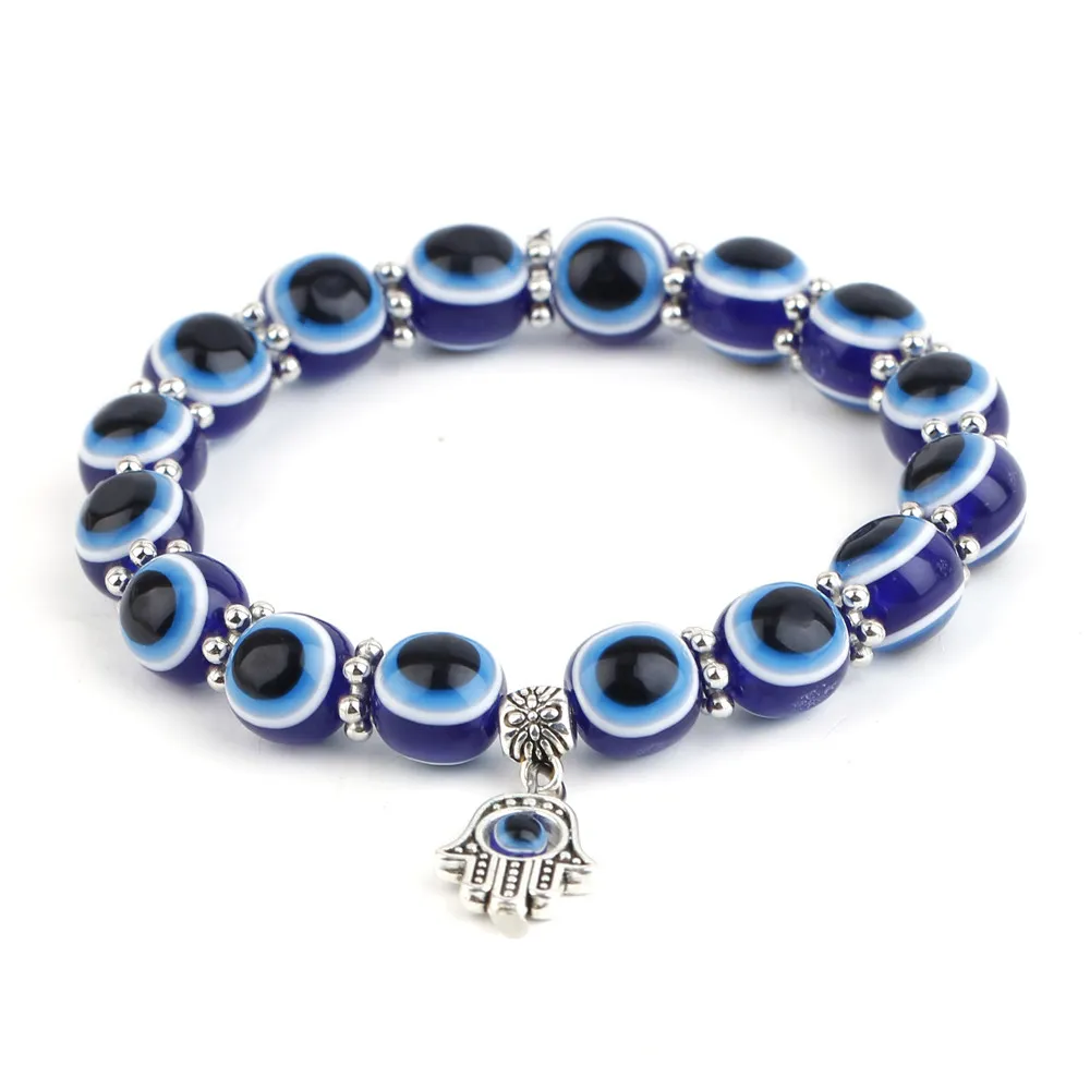 Evil Eye Hamsa Blue Zroszony Urok Stretch Strands Bransoletka Ręka Fatima Tureckie Lucky Blue Eyes Bransoletki do ochrony i błogosławieństwa