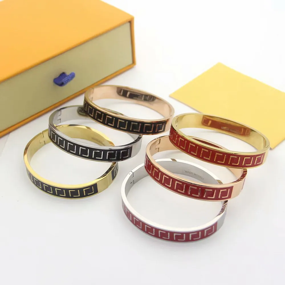 Europe America Fashion Style Lady Women Titanium Steel Engraved F Initialer Red Black Emamel Wide Bangle Armband 3 Color2552