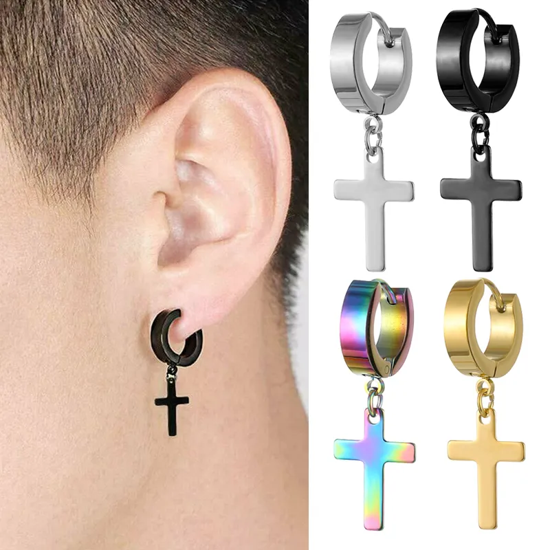 1 stycke Kvinnor Män rostfritt stålörhängen svart/silverfärg Cross Gothic Punk Rock Style Pendientes