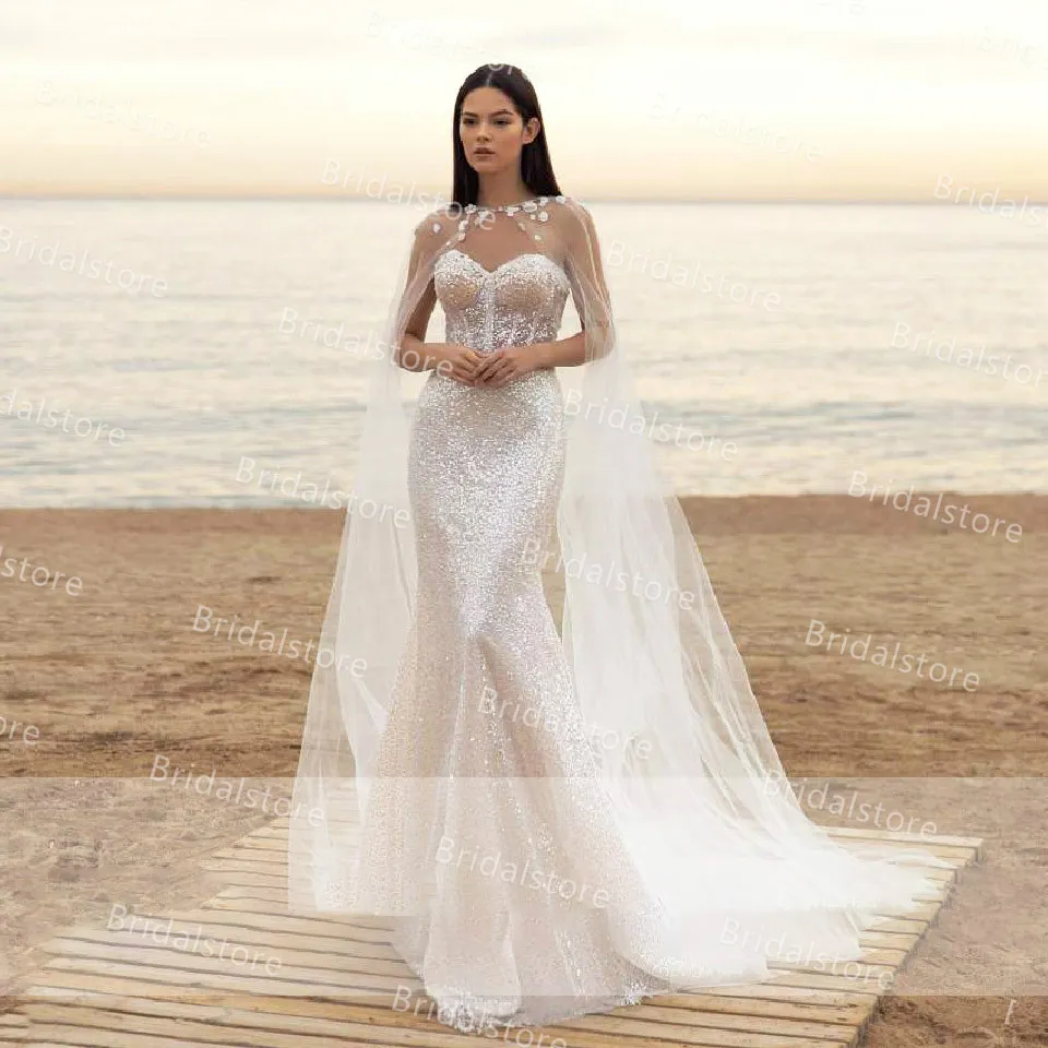 Vestido de novia de sirena con lentejuelas brillantes 2021 con envolturas con capa Cariño Flores en 3D Vestidos de novia Sexy Sparkly Boho Vestido de novia de playa Nupcial