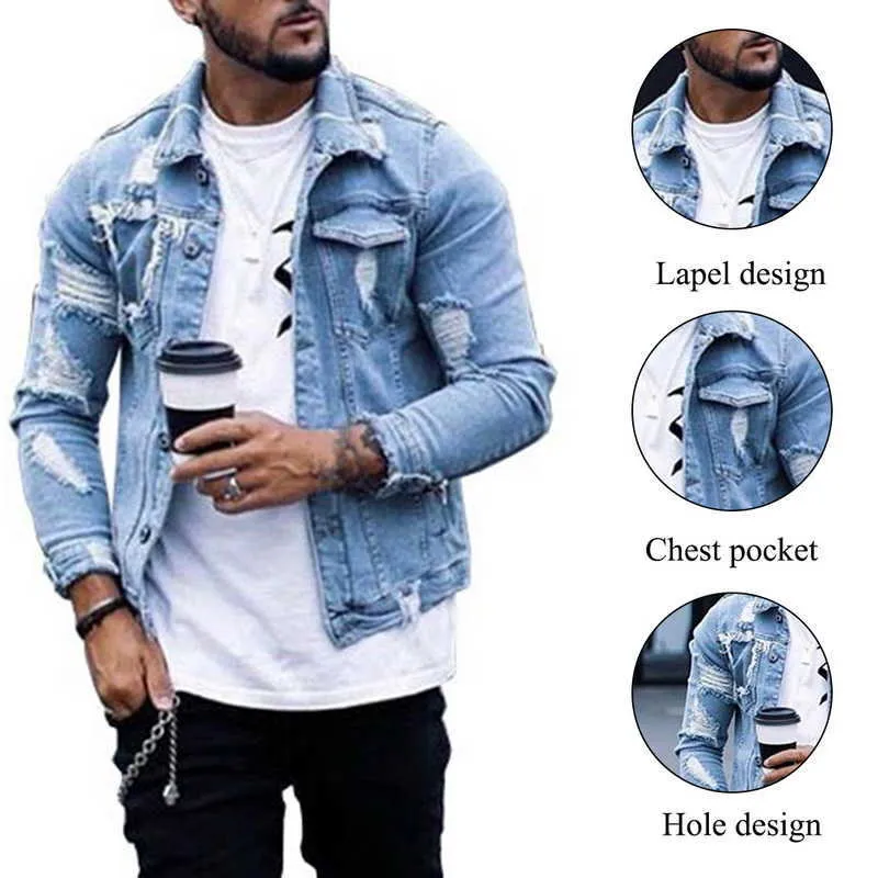 Mens Blue Denim Casual Jackets For Men With Lapel Ripped