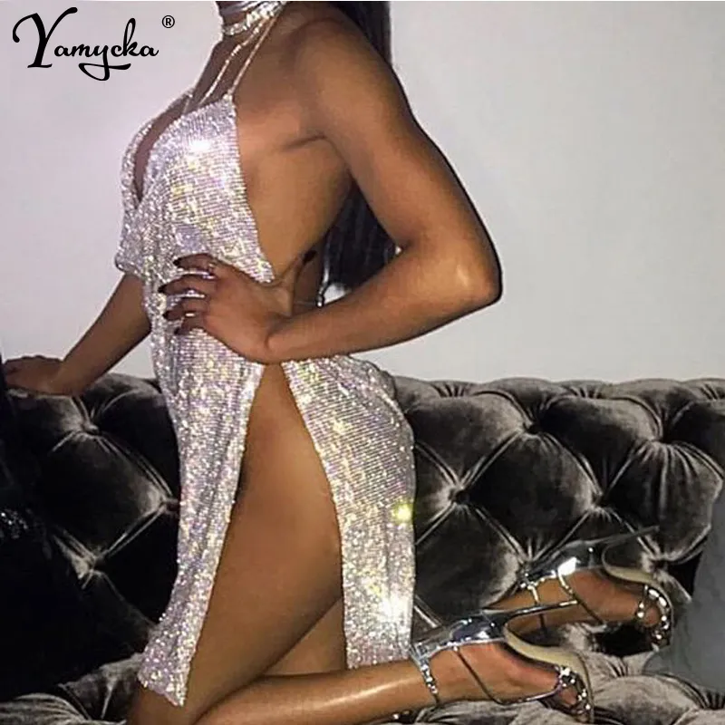 Sexy Metal Body Chain Slip Summer Dress Women Bling Diamond Beach