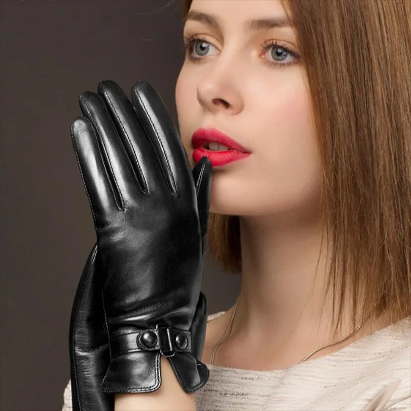 Rękawiczki sportowe moda czarna owcza skóra dotknięta palcem palec damski