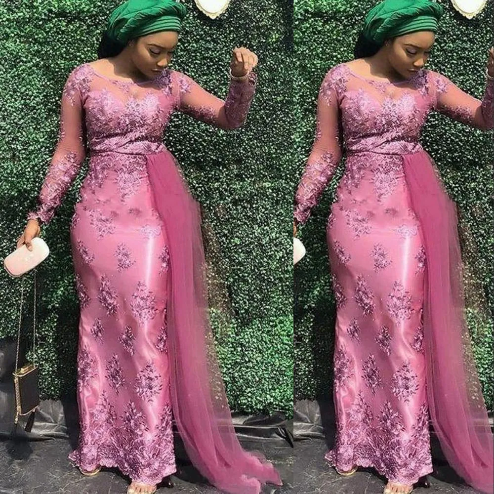 Styles Aso Ebi Mermaid Evening Dresses Wear With Side Ribbon Rose Pink Lace Satin Jewel Neck African Nigerian Prom Dress Plus Size