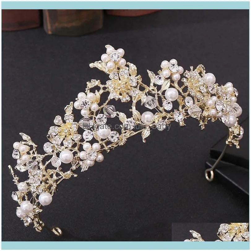 Gold/Silver Color Crystal Pearls Tiaras And Crowns Flower Headbands For Women Bridal Wedding Jewelry Bride Noiva FORSEVEN Hair Clips &