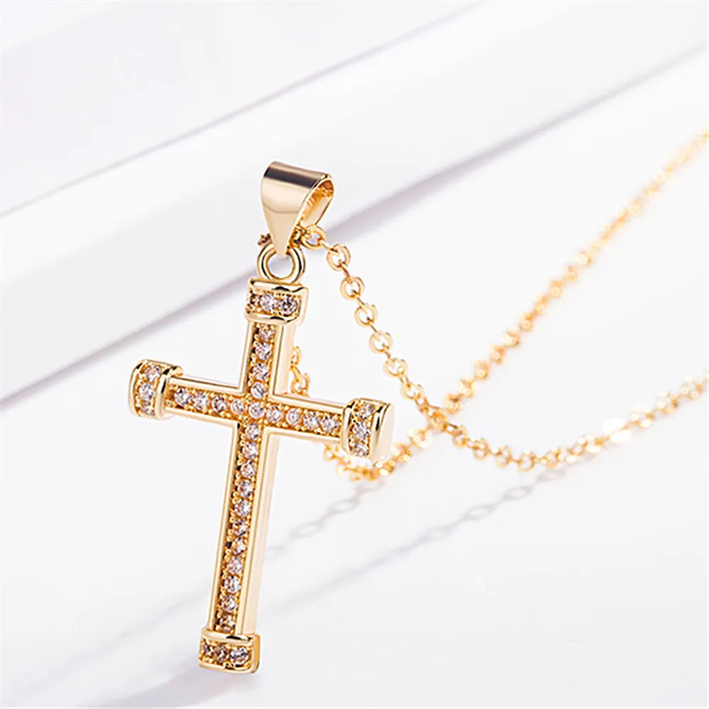 S2433 Fashion Jewelry 24k Gold Plating Diamond Jesus Cross Necklace Women Men Crystal Row Pendant Necklaces