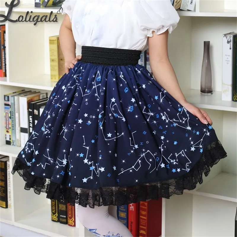 Kawaii Mori Girl Falda corta Sweet Navy Blue Starry Night Falda patinadora impresa para mujeres 210309