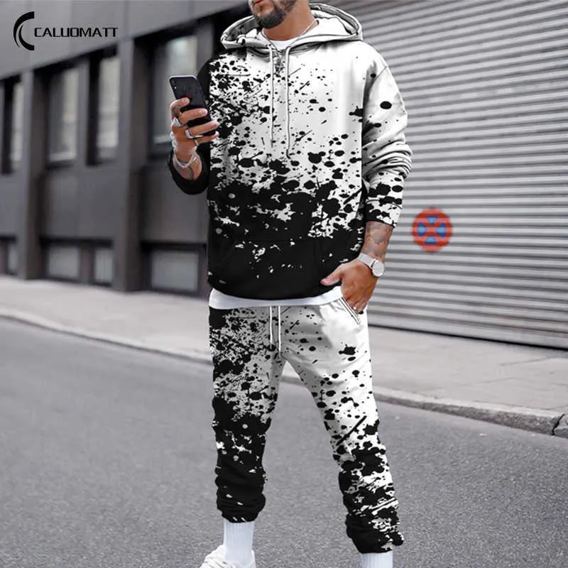 Otoño invierno para hombres Conjunto de 2 piezas Cálido Splash-Ink Print Casual Manga larga Sudadera con capucha de gran tamaño Suéter Top + Pantalón de chándal Traje de chándal X0909