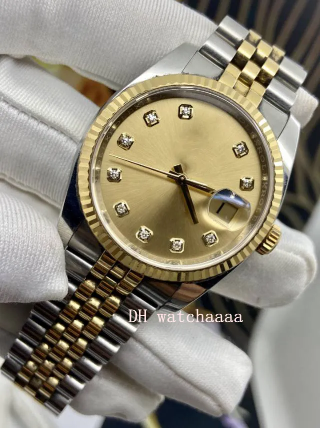 Perpétuo 36mm 116233 relógio Champagne Diamond-Set Dial Relógios masculinos mecânicos dinâmicos Safira 2813 Movimento Relógio fábrica cristal luminoso