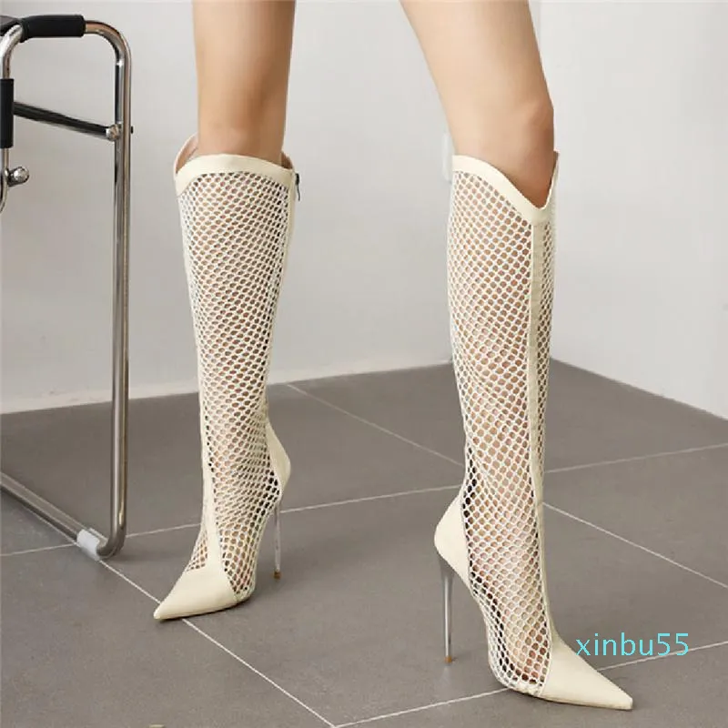 Stiefel Mode Frauen Knie High Heel Reißverschluss Sexy Spitze Mesh Sommer Kühle Atmungsaktive Damenschuhe