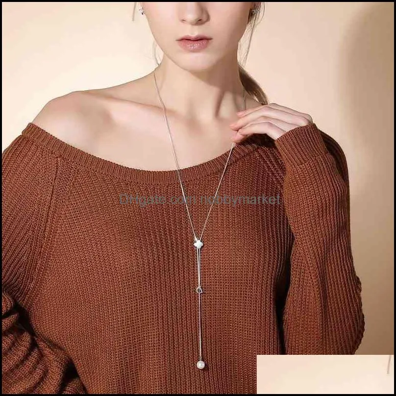 Silver plated S925 Necklace female clover synthetic pearl sweater chain long autumn and winter accessories Korean high sense