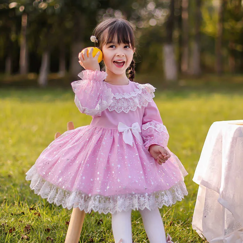 Baby Girl Long Sleeve Spanish Turkish Dress Spring Children Lolita Princess Ball Gown for Birthday Party Pink Dresses 210615