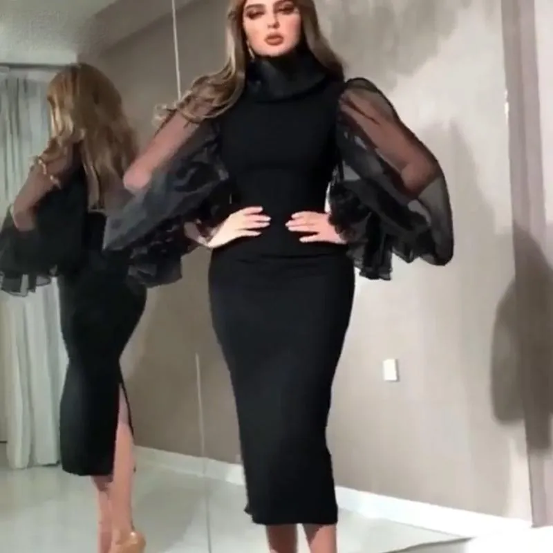 Élégante sirène arabe robes de bal courtes avec manches bouffantes 2021 longueur de thé satin col haut robe de soirée de Dubaï pas cher soirée cocktail